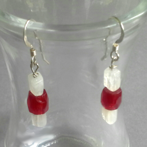 brilliant rainbow moonstone and red faceted barrel bead dangle earrings with sterling silver earwires, $30.00 by Patricia C Vener